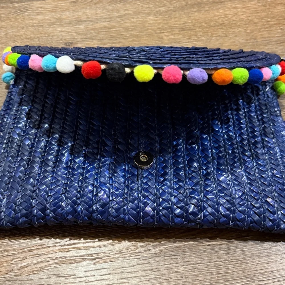 Straw Pom-Pom Navy Clutch - Picture 2 of 4